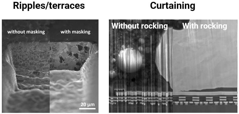 Images comparing cross section surface quality before and after application of specific technique for artifact removal. Right image – Application of TESCAN TRUEX-Sectioning for ripples reduction. Left image – Application of TESCAN Rocking stage for curtaining removal from polished surface. Images comparing cross section surface quality before and after application of specific technique for artifact removal. Right image – Application of TESCAN TRUEX-Sectioning for ripples reduction. Left image – Application of TESCAN Rocking stage for curtaining removal from polished surface.