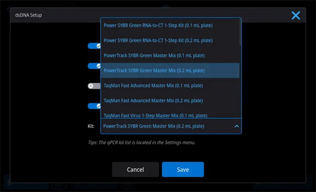 Choose kit from the dsDNA Setup page.
